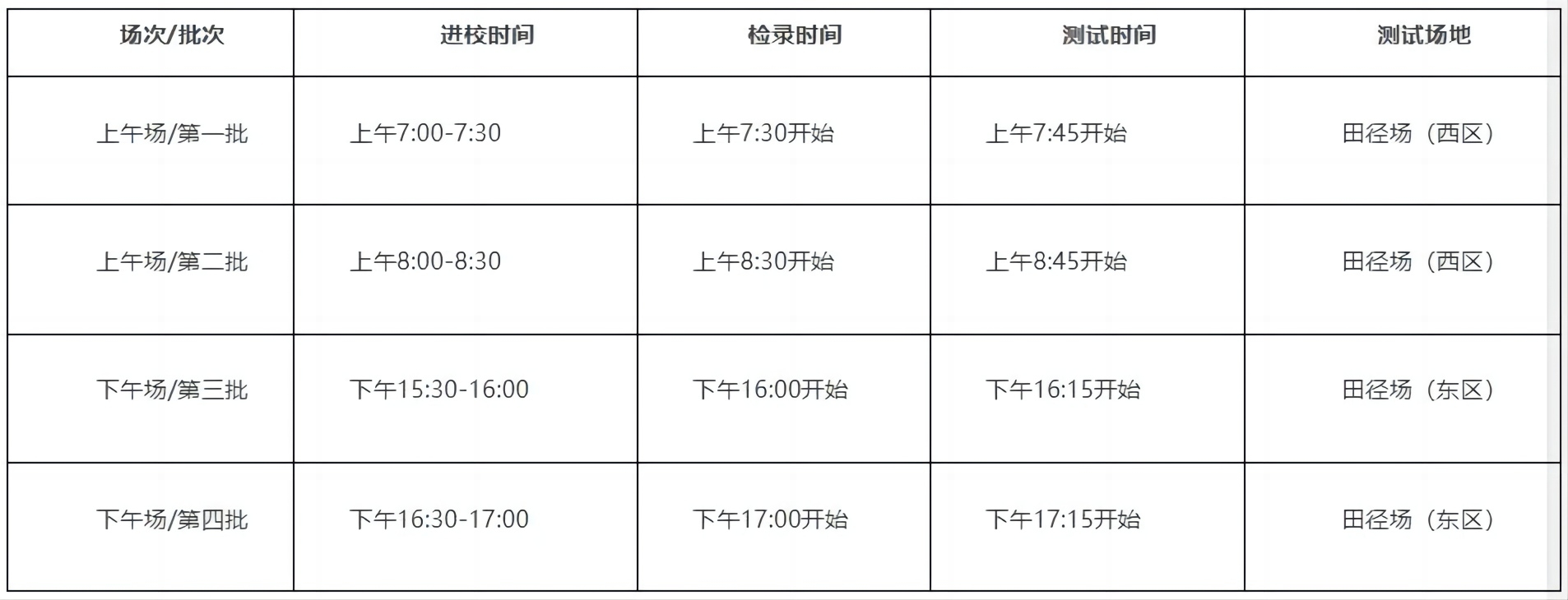 体质测试安排时间表