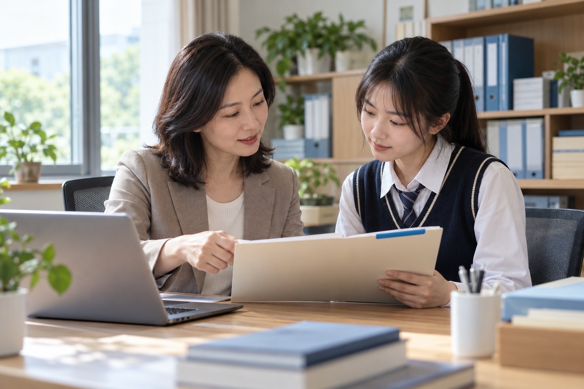 学生与学校老师共同核对学籍材料的原创配图