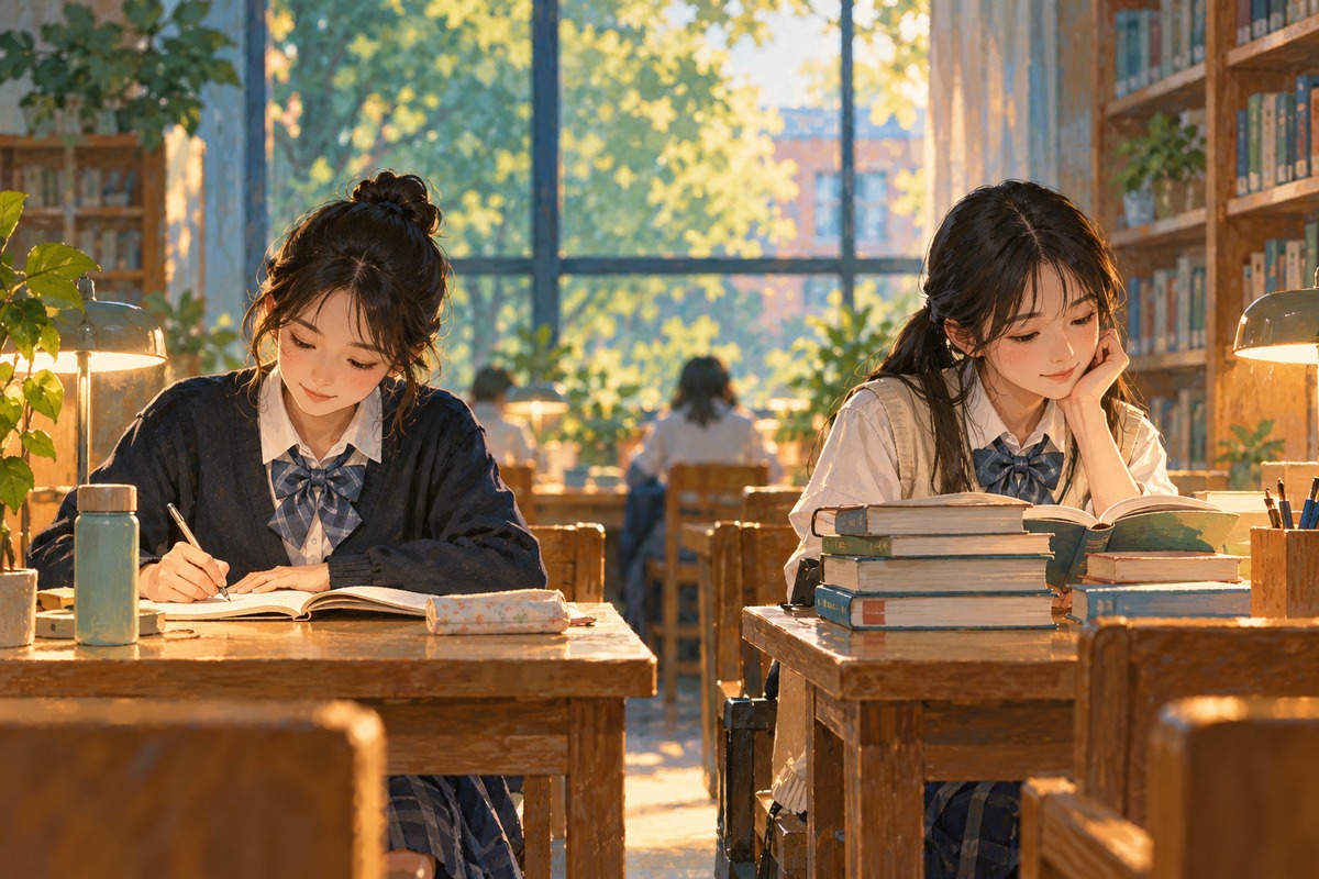 两名同学按各自节奏在图书馆学习的原创插图